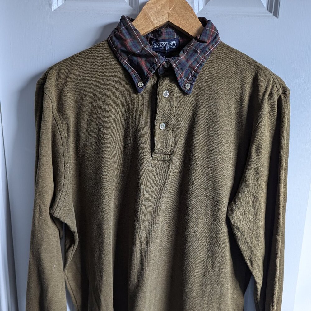 Vintage Land's End long sleeve polo, olive green, medium, 38-40 regular